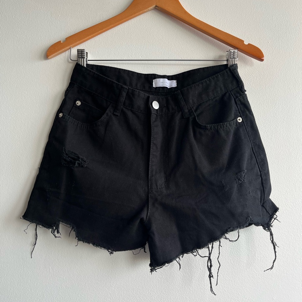 OAK + FORT Black Distressed High-Waist Denim Shorts